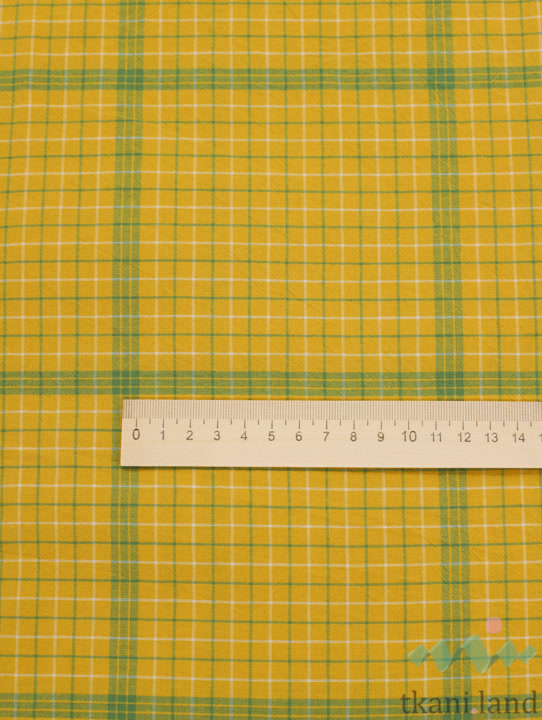 S0088 Вареный (стираный) хлопок с эффектом крэш «Желтая клетка с зелеными полосами»
