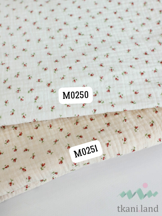 M0250 Муслин двухслойный «Мелкие красные цветочки на белом»