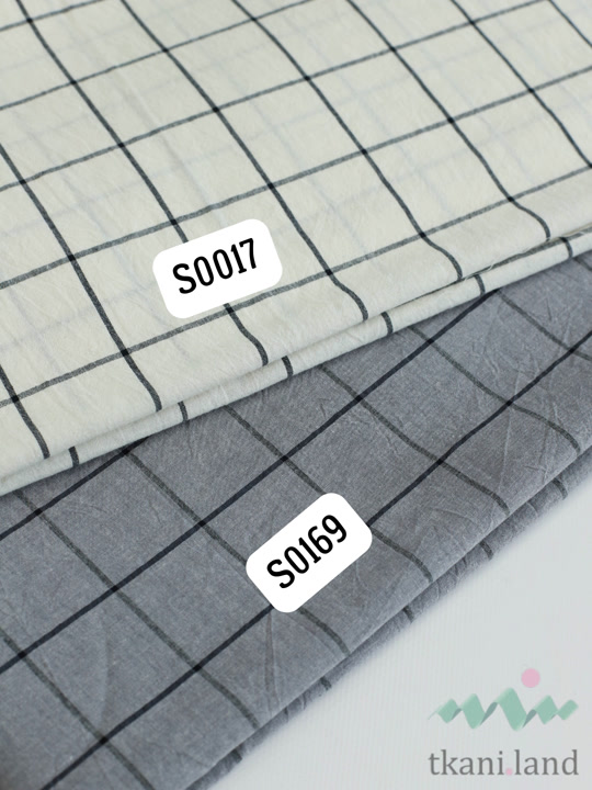 S0017 Вареный (стираный) хлопок с эффектом крэш «Средняя клетка на тепло-белом»